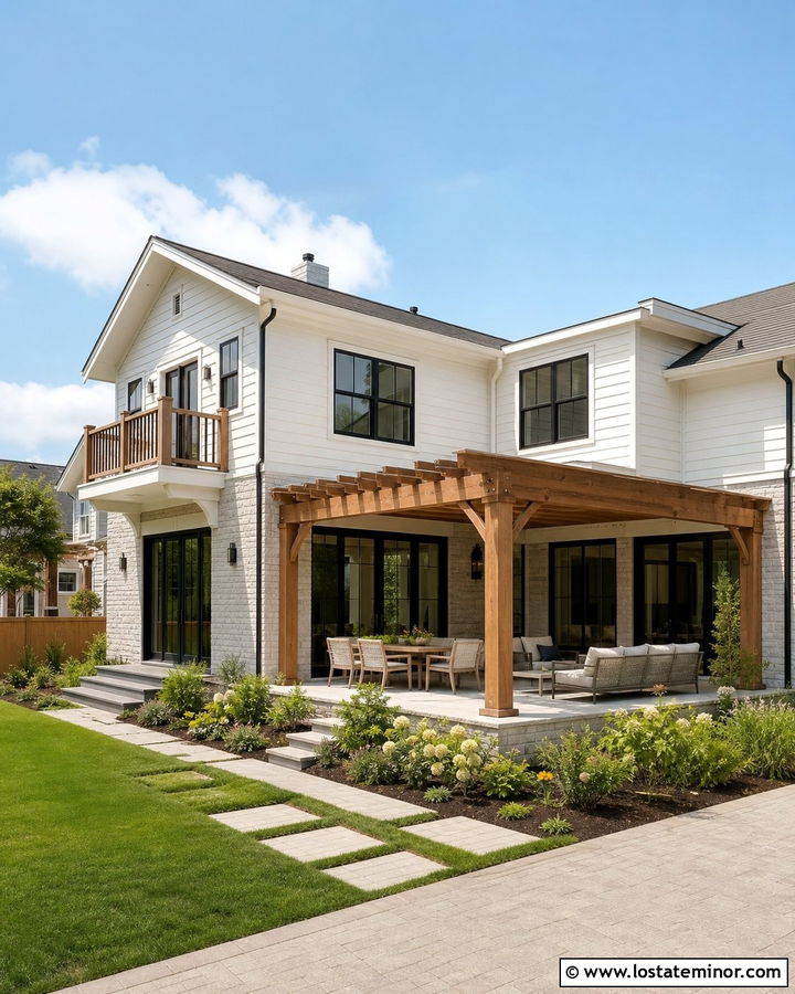 White Two Story House With Corner Pergola - 30 White House Design With Pergola Ideas
