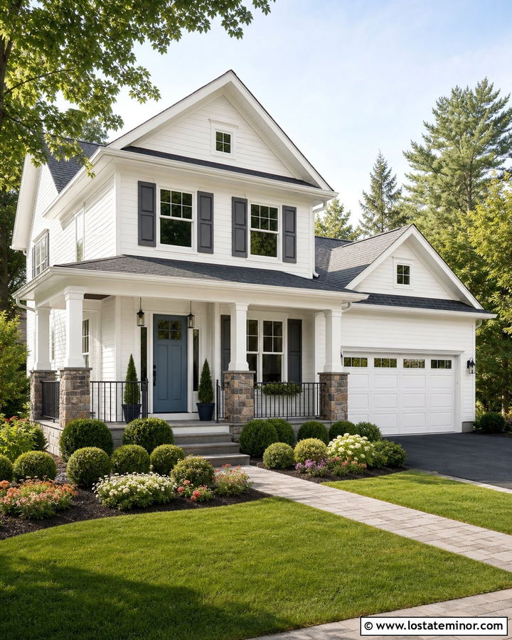 White Two Story House With Dark Gray Shutters - 30 White House Design With Shutters Ideas
