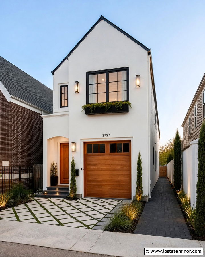 White Urban House With Narrow Paver Driveway - 30 White House Design With Driveway Ideas