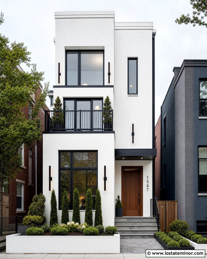 White Urban Townhouse With Slim Sconces - 30 White House Design With Light Fixtures Ideas