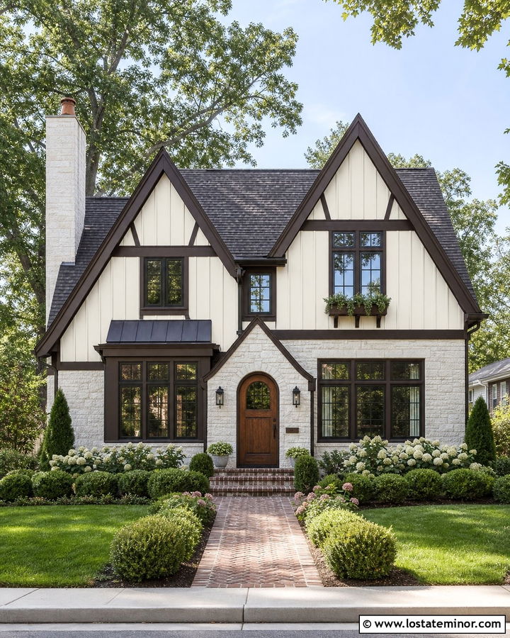 White Vertical Siding With Dark Timber Trim - 30 White House Design With Siding Ideas