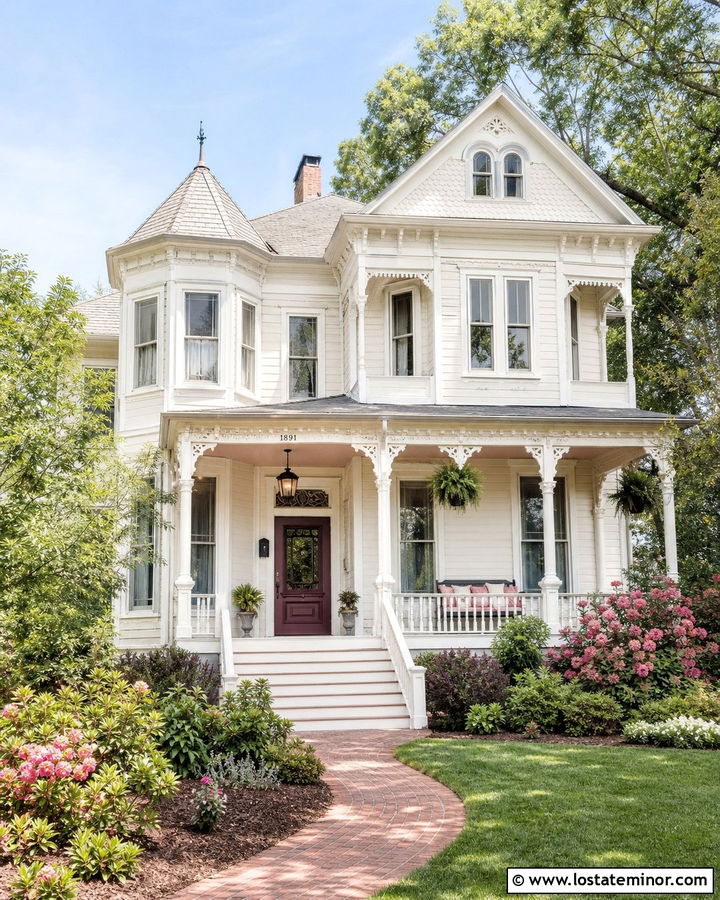 White Victorian House With Blush Porch Ceiling - 30 White House Design With Porch Ceiling Ideas