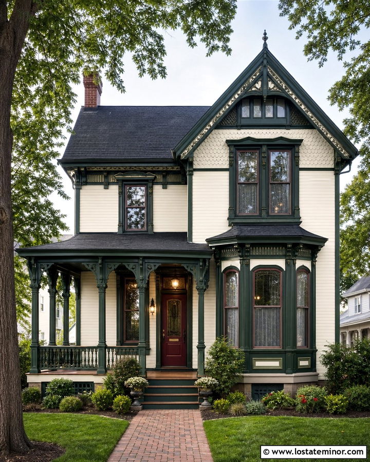 White Victorian House With Dark Green Trim - 30 White House Design With Trim Ideas