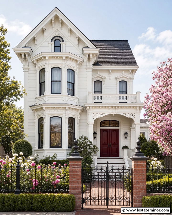 White Victorian House With Decorative Fence - 30 White House Design With Fence Ideas