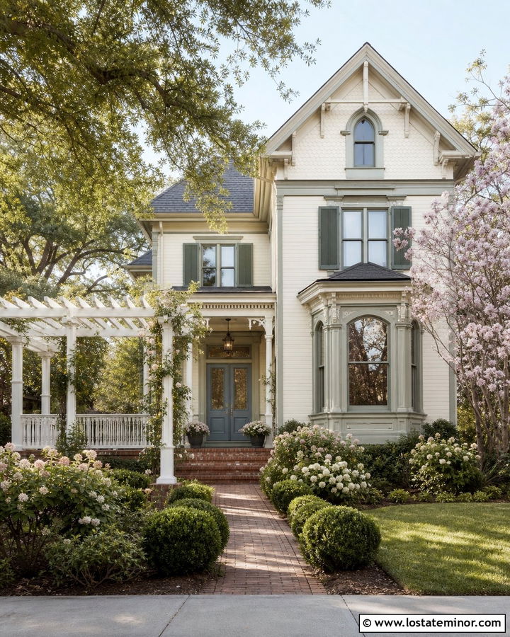 White Victorian House With Decorative Pergola - 30 White House Design With Pergola Ideas