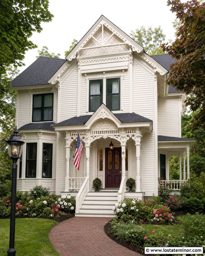 White Victorian House With Decorative Portico - 30 White House Design With Portico Ideas
