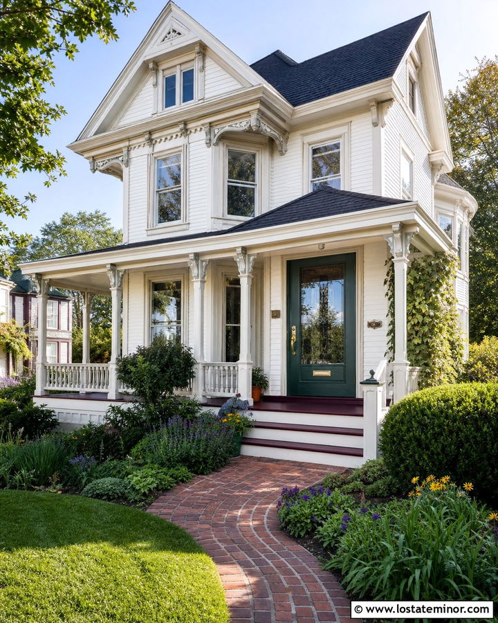White Victorian House With Deep Green Storm Door - 30 White House Design With Storm Door Ideas