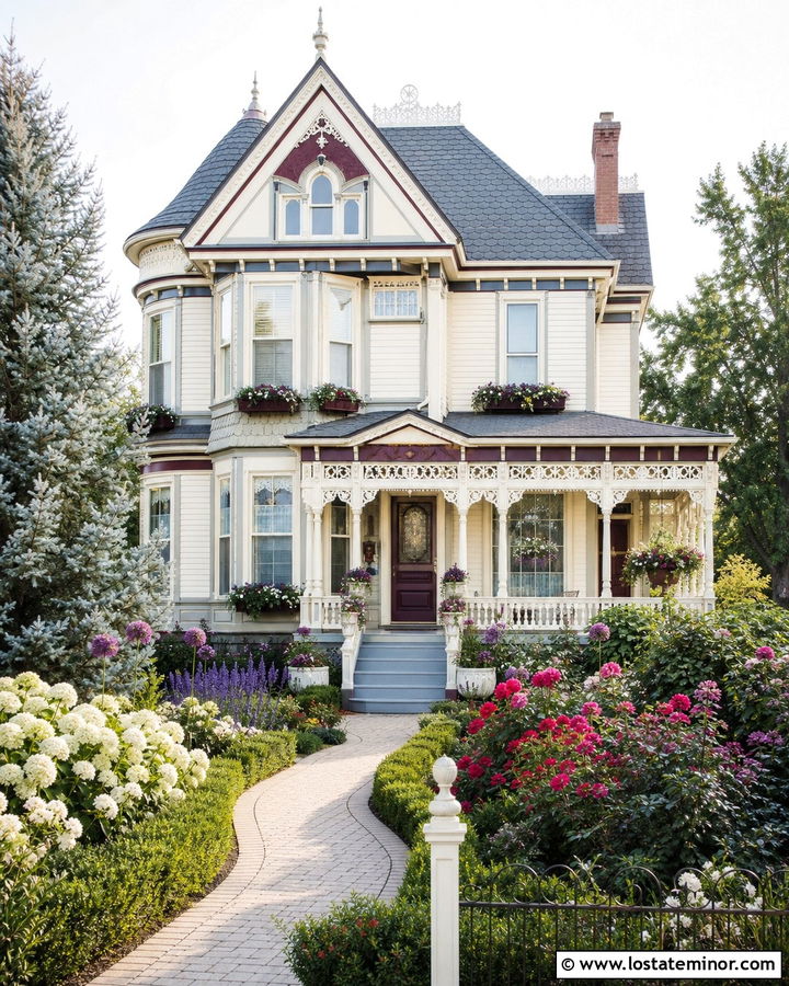 White Victorian House With Flowering Walkway - 30 White House Design With Front Yard Ideas