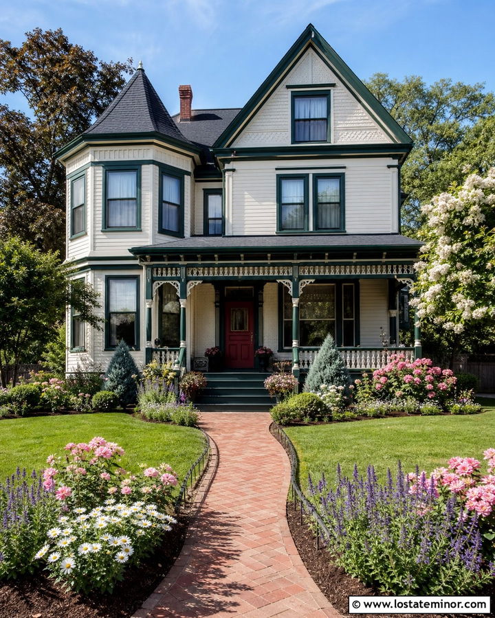 White Victorian House With Layered Garden Landscaping - 30 White House Design With Landscaping Ideas