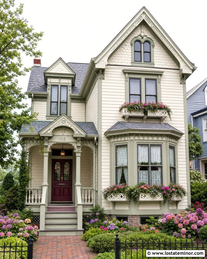 White Victorian House With Ornate Window Boxes - 30 White House Design With Window Boxes Ideas