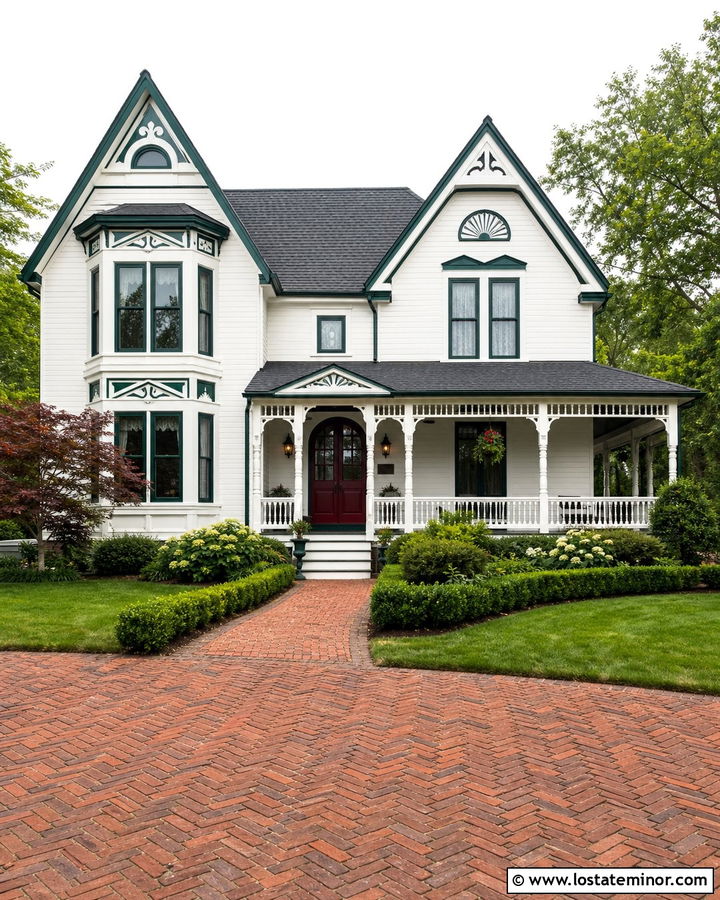 White Victorian House With Red Brick Driveway - 30 White House Design With Driveway Ideas
