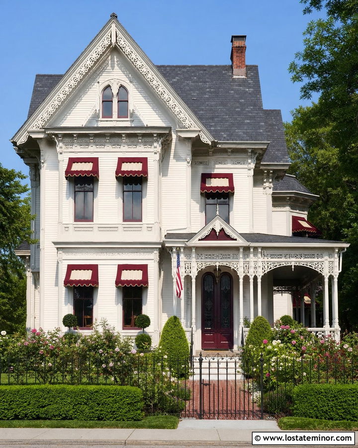 White Victorian House With Scalloped Awning - 30 White House Design With Awning Ideas