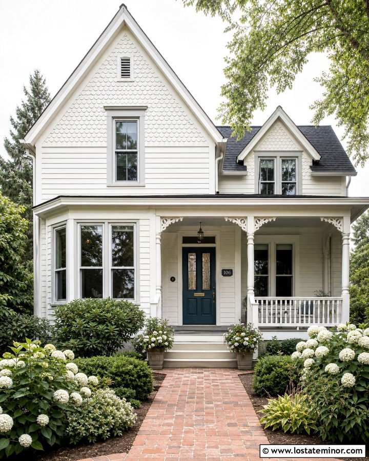 White Victorian House With Scalloped Shingles - 30 White House Design With Shingles Ideas