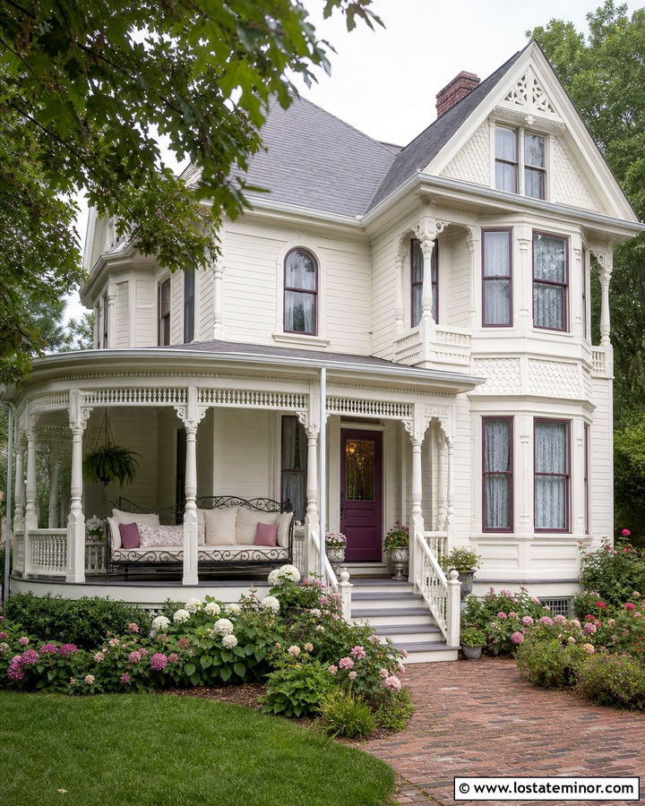 White Victorian Porch With Iron Daybed - 30 White House Design With Daybed Ideas