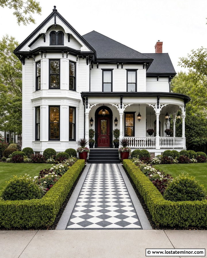 White Victorian With Black And White Tile Walkway - 30 White House Design With Walkway Ideas