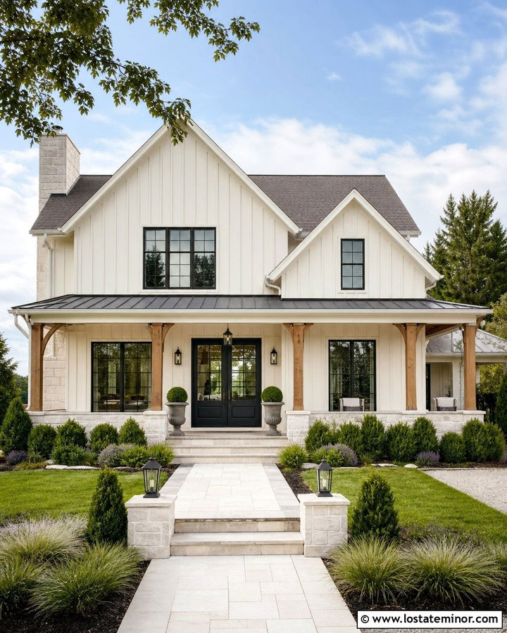 Whitewashed Stone House With Black Double Doors - 30 Stone House Design With Front Door Ideas