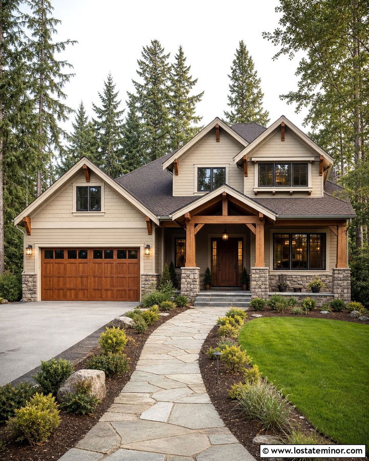 Wool Skein Craftsman With Cedar Garage Door - 30 Beige House Design With Garage Door Ideas