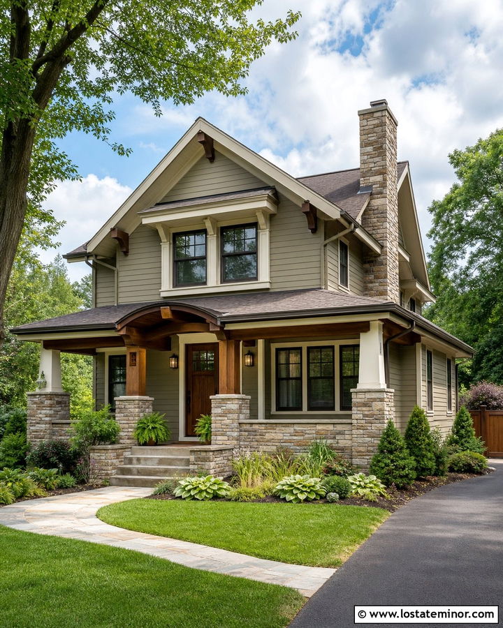 Wool Skein Craftsman With Tan Ledgestone - 30 Beige House Design With Stone Accents Ideas