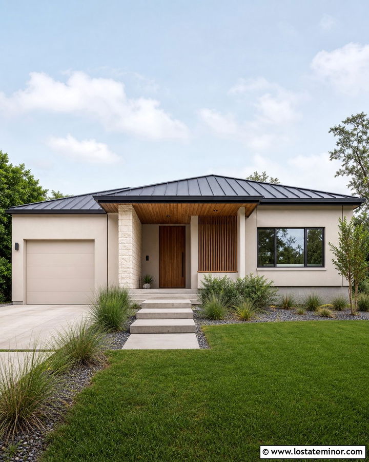 Wool Skein House With Natural Slat Ceiling - 30 Beige House Design With Porch Ceiling Ideas