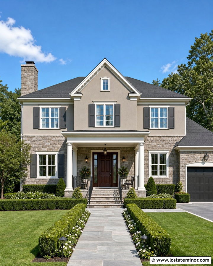 Worldly Gray House With Ashlar Stone - 30 Greige House Design With Stone Accents Ideas