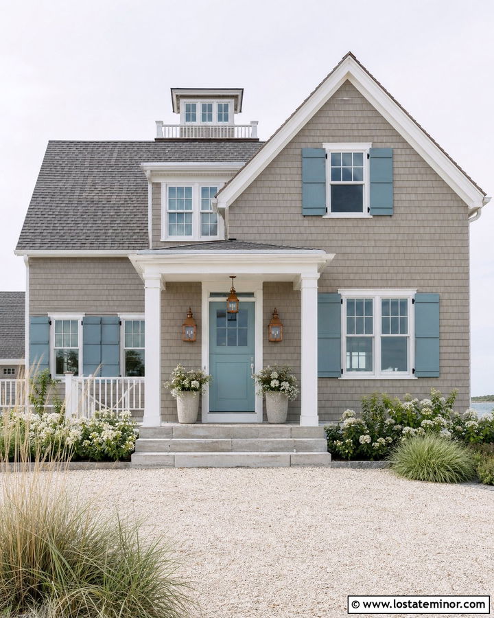 Worldly Gray House With Copper Lanterns - 30 Greige House Design With Light Fixtures Ideas