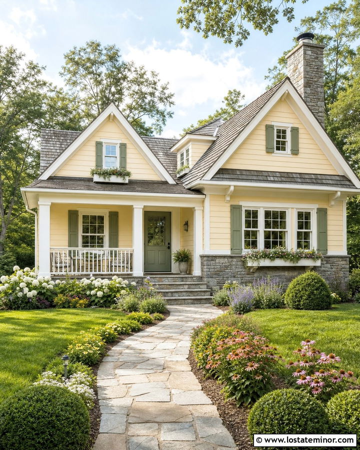 Yellow Cottage With Gray Stone Wainscoting - 30 Stone House Design With Wainscoting Ideas