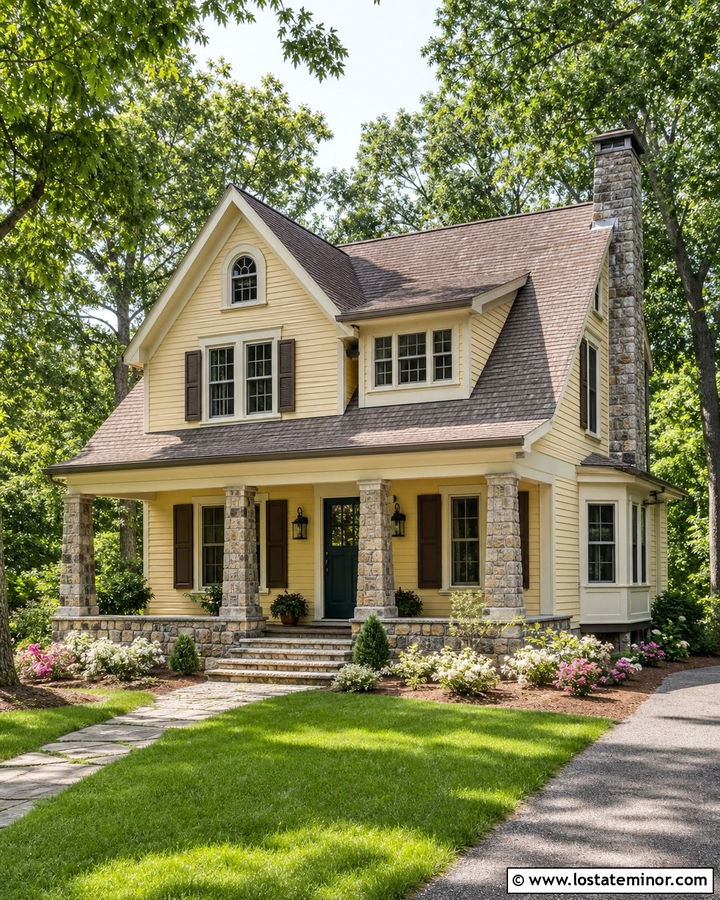 Yellow Siding And Brown Stone House - 30 Stone House Design With Siding Ideas